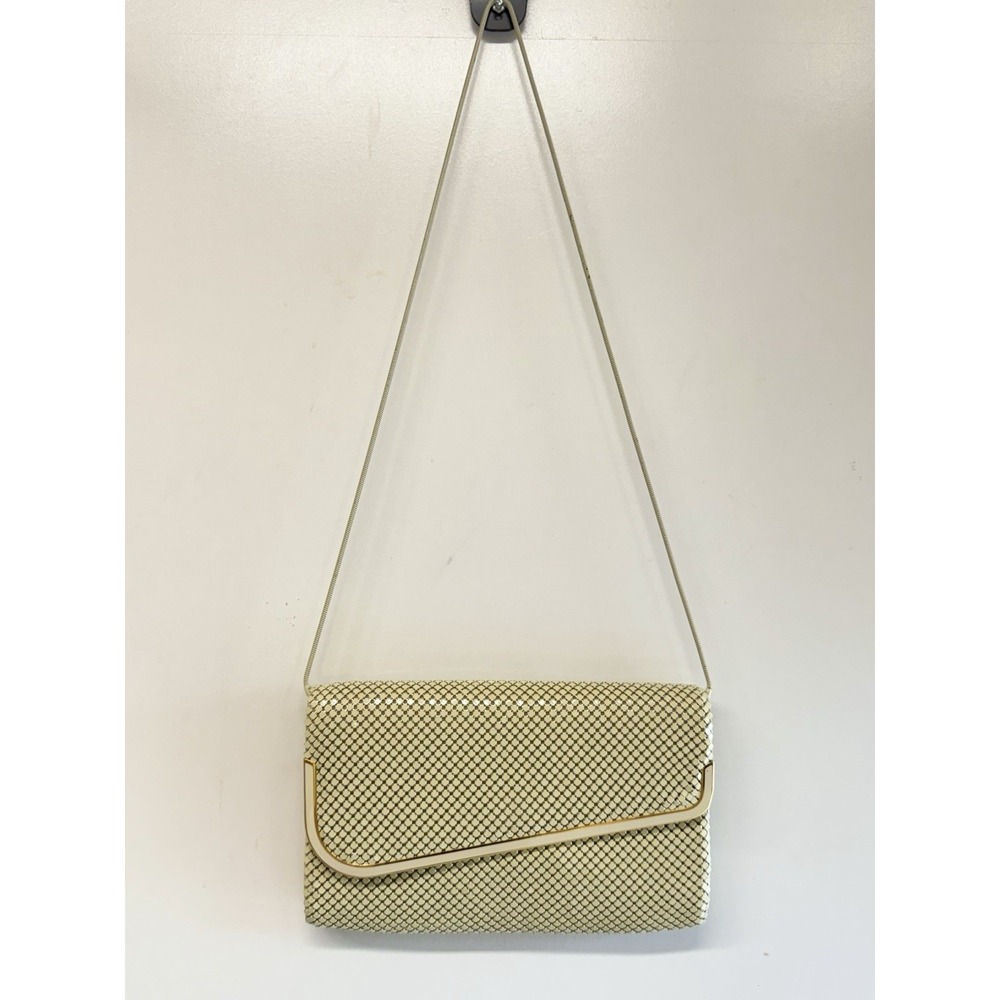 60's Vintage Ivory Metal Mesh Gold Accent Shimmer Clutch Evening Bag Purse